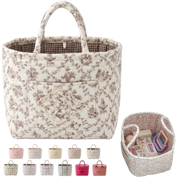 Quilted Storage Basket Tote Bag, Large Capacity Car Organizer and Diaper Caddy with Handles, Foldable Washable Storage Bag for Home, Travel and Daily Use