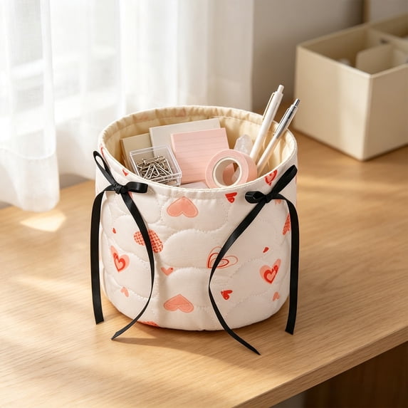 Quilted Storage Bin, 6.3 Inch Desktop Organizer with Satin Bow, Foldable Polyester Basket for Cosmetics Jewelry Office Supplies, Bedsi Decor