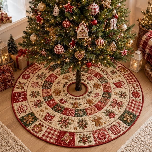 Quilted Style Christmas Tree Skirt, Patchwork Holiday Tree Mat, Rustic Farmhouse Xmas Decor, Cozy Christmas Decor