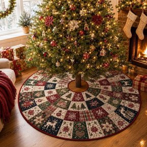 Quilted Style Christmas Tree Skirt, Vintage Patchwork Tree Skirt, Red Green Holiday Decor, Traditional Farmhouse Christmas Skirt