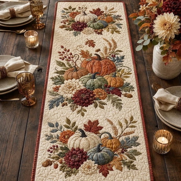 Quilted-Style Table Runner, Autumn Floral Pumpkins, Rustic Farmhouse Thanksgiving Decor
