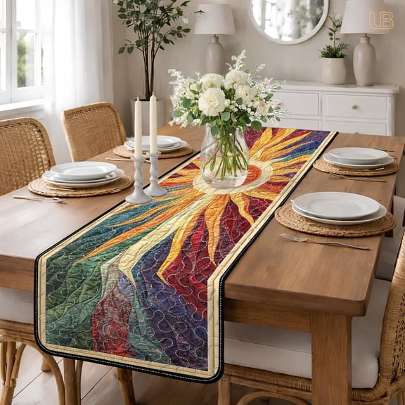 Quilted Sun Table Runner, Fiber Art Table Decor, Stained Glass Quilt Pattern, Modern Tabletop Decoration, Artistic Housewarming Gift for Her