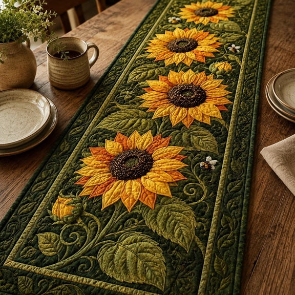 Quilted Sunflower Table Runner, Patchwork Floral Farmhouse Decor