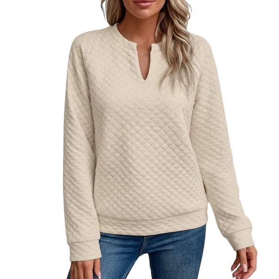 Quilted Sweatshirt Women Fall Casual V-Neck Long Sleeve Pullover for Travel Weekend Wear, 3XL
