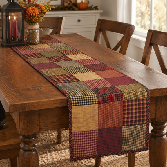 Quilted Table Runner 13x72 Inch Primitive Plaid Farmhouse Decor