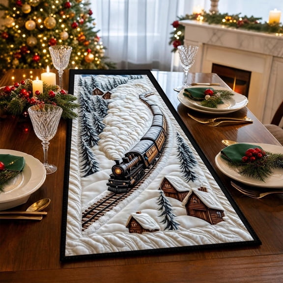 Quilted Table Runner, 3D Snow Scene of Train Design, Winter Christmas Table Topper for Dining Table, Farmhouse Rustic Home Decor, for Dining Table Kitchen Holiday