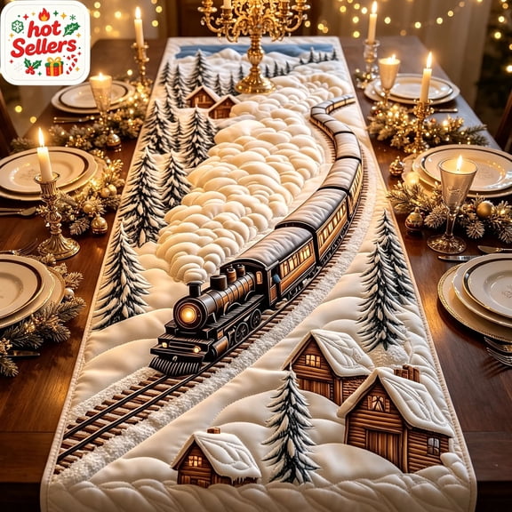 Quilted Table Runner Christmas Train Pattern 14x48 Inch Farmhouse Rustic Holiday Table Decor for Dining Kitchen Winter Party, Washable Fabric Runner, Vintage Style Home Decoration