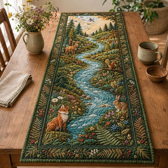 Quilted Table Runner, Woodland Landscape Scene, Forest Animals, Rustic Kitchen Decor