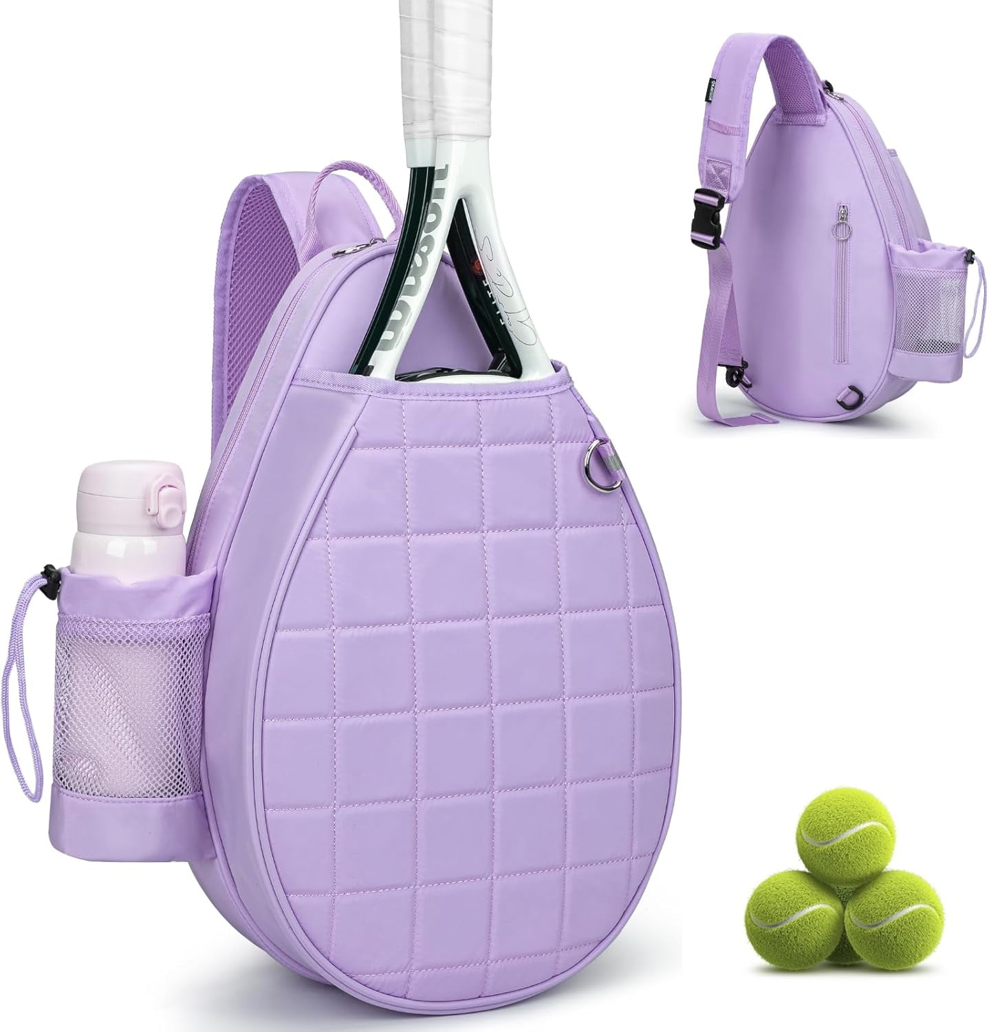 Quilted Tennis Backpack for 2 Rackets, Slim & Lightweight Waterproof Sling Bag for Tennis, Pickleball, Padel, Crossbody Sport Bag for Men & Women