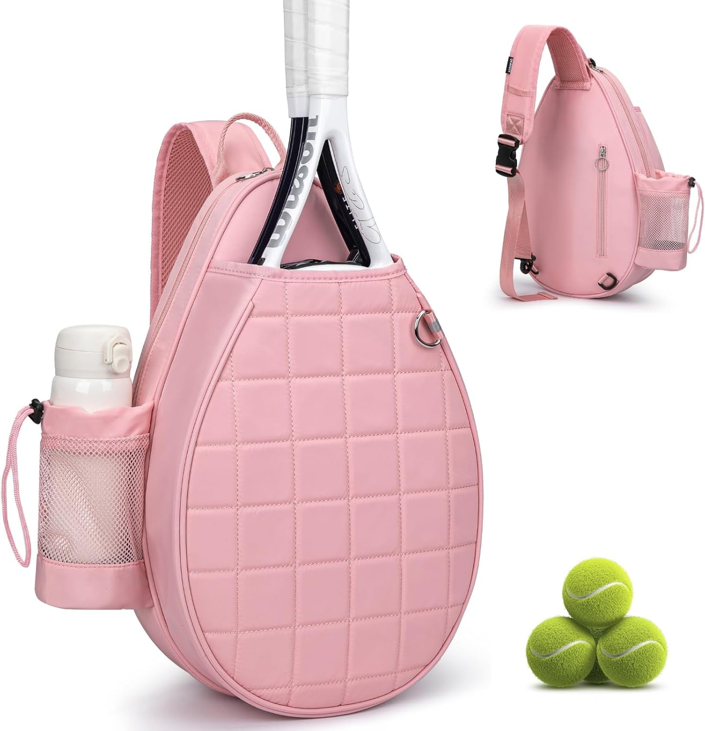 Quilted Tennis Backpack for 2 Rackets, Slim & Lightweight Waterproof Sling Bag for Tennis, Pickleball, Padel, Crossbody Sport Bag for Men & Women