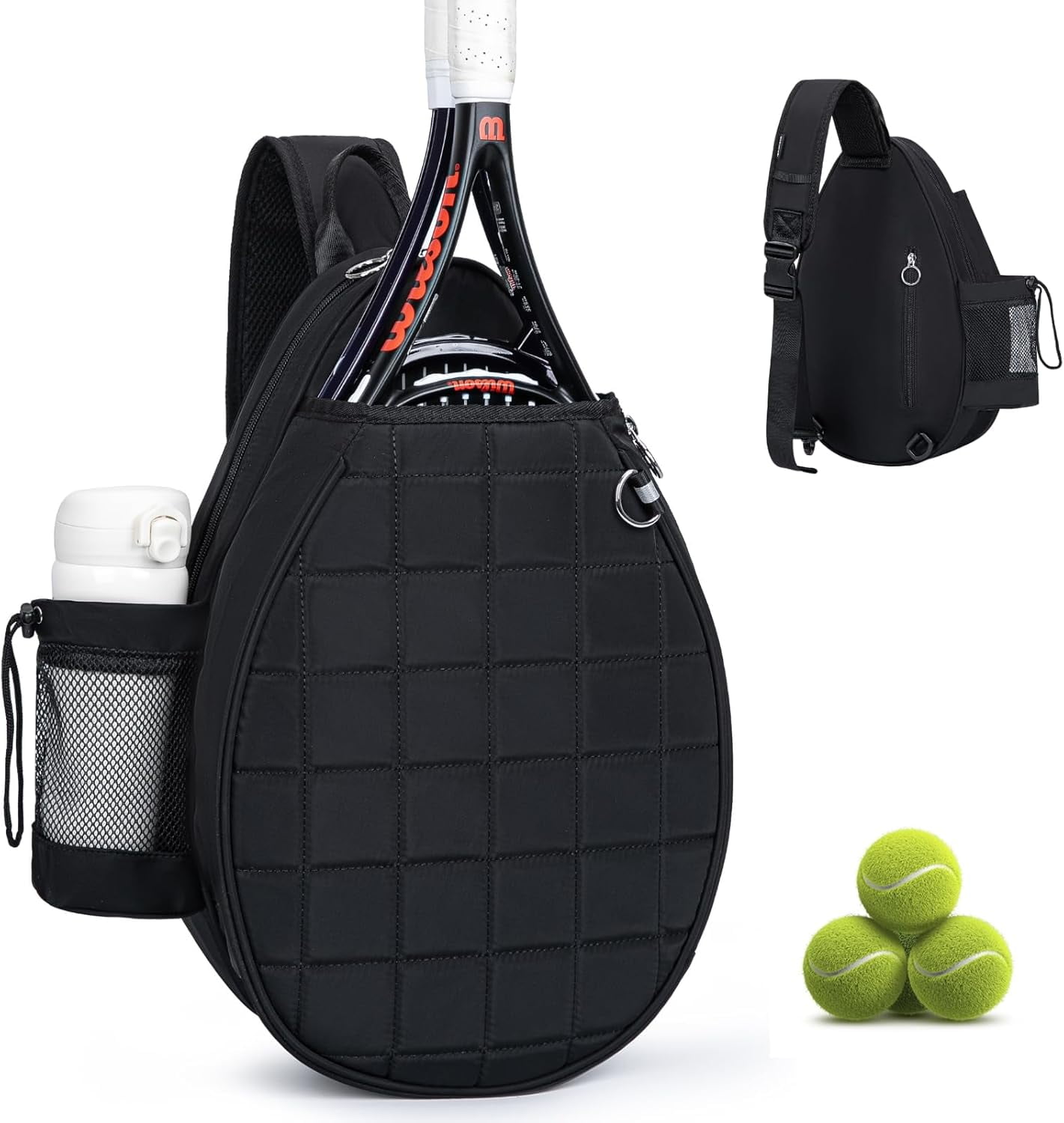 Quilted Tennis Backpack for 2 Rackets, Slim & Lightweight Waterproof Sling Bag for Tennis, Pickleball, Padel, Crossbody Sport Bag for Men & Women