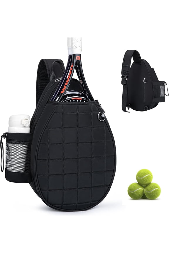 Quilted Tennis Backpack for 2 Rackets, Slim & Lightweight Waterproof Sling Bag for Tennis, Pickleball, Padel, Crossbody Sport Bag for Men & Women