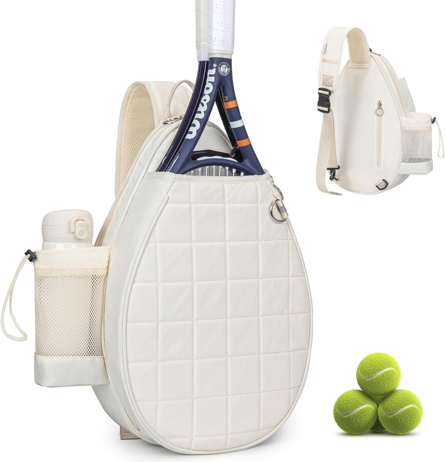 Quilted Tennis Backpack for 2 Rackets, Slim & Lightweight Waterproof Sling Bag for Tennis, Pickleball, Padel, Crossbody Sport Bag for Men & Women