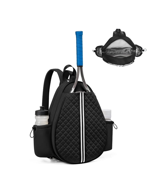 Quilted Tennis Sling Bag Crossbody Backpack, Water Resistant Racket Bag, Fits Tennis Racquet, Badminton & Pickleball Paddles, Sports Organizer with Accessory Pockets