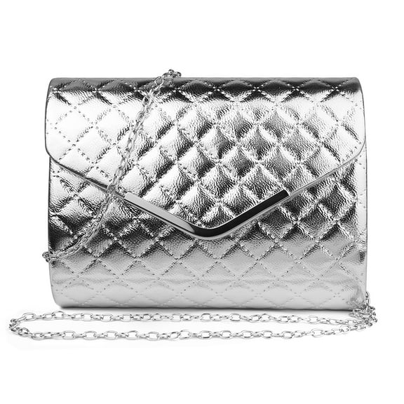Quilted Texture Clutch Bag with Silver Chain Shoulder Strap for Women Travel Organization