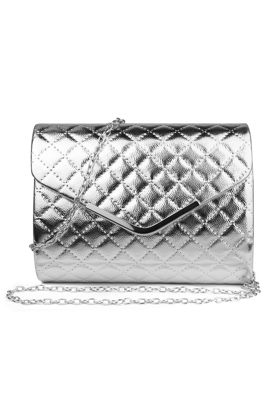 Quilted Texture Clutch Bag with Silver Chain Shoulder Strap for Women Travel Organization
