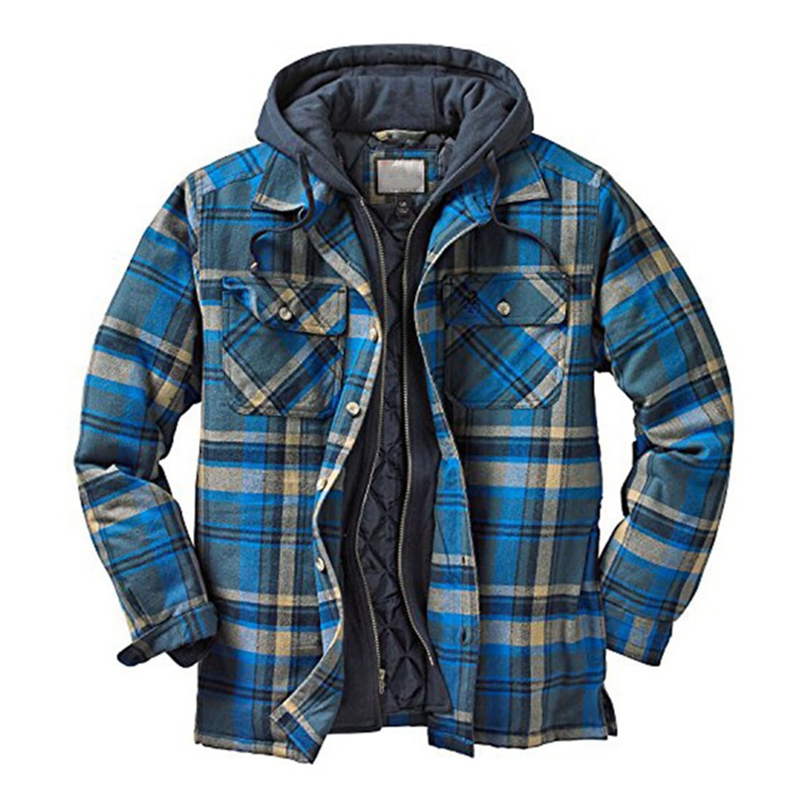 Quilted Thick Plaid Long-Sleeved Loose Jacket Men's Hoodie Quilted ...