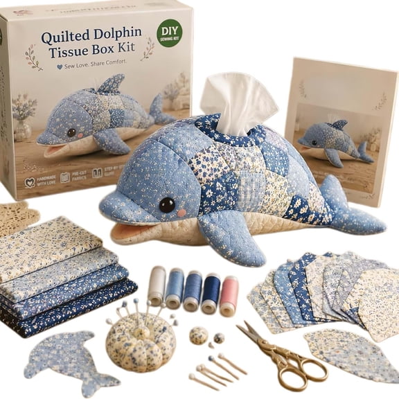 Quilted Tissue Box Cover DIY Sewing Kit, 6 Ocean Animal Patchwork Designs, Complete Craft Set with Pre-Cut Fabric & Photo Guide for Adults, Desk Decor(Style B)Q