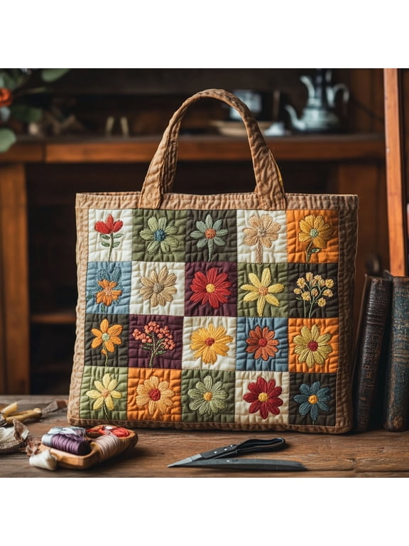 Quilted Tote Bag, Blooming Threads, Quilted Shoulder Bag, Gift for Her, Everyday Bag, Reusable Market Tote