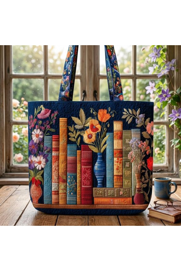 Quilted Tote Bag Floral Book Design, Handmade Fabric Shoulder Bag, Cottagecore Book Lover Gift, Style Library Tote