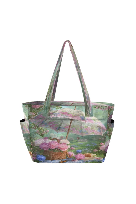 Quilted Tote Bag Large Capacity Multi-Compartment Handbag Lightweight Structured Shoulder Bag Versatile Casual Bag A Large Floral Umbrella