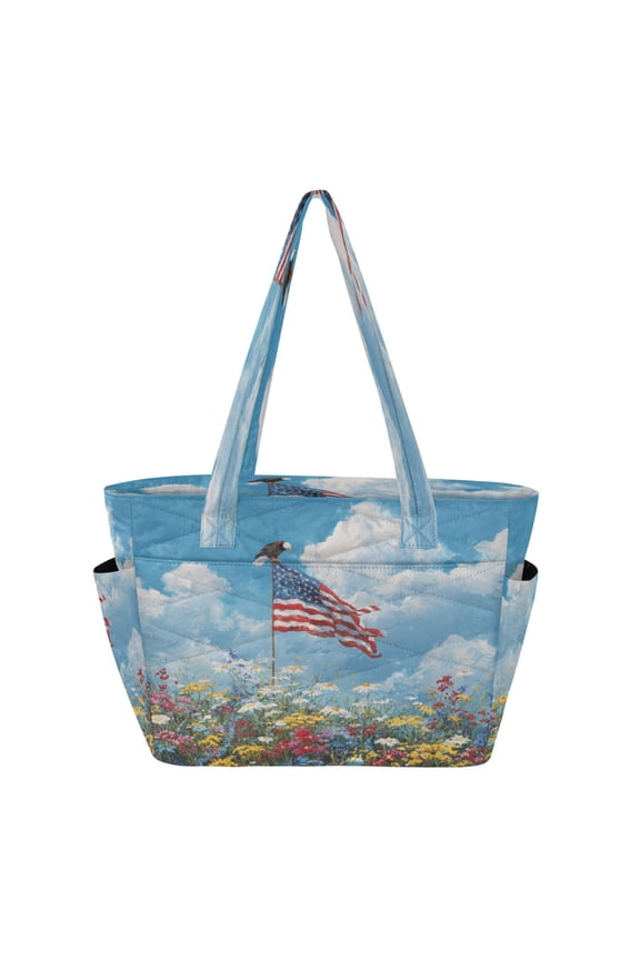Quilted Tote Bag Large Capacity Multi-Compartment Handbag Lightweight Structured Shoulder Bag Versatile Casual Bag American Flag Is Flying in The Wind