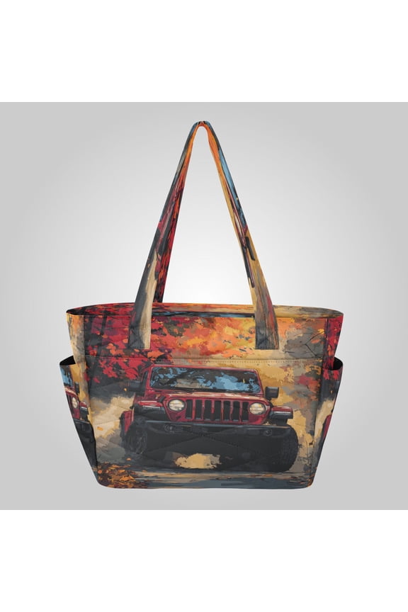 Quilted Tote Bag Large Capacity Multi-Compartment Handbag Lightweight Structured Shoulder Bag Versatile Casual Bag Autumn Trail Red Off-road Jeep