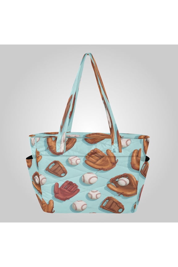 Quilted Tote Bag Large Capacity Multi-Compartment Handbag Lightweight Structured Shoulder Bag Versatile Casual Bag Baseball Equipment Seamless Pattern