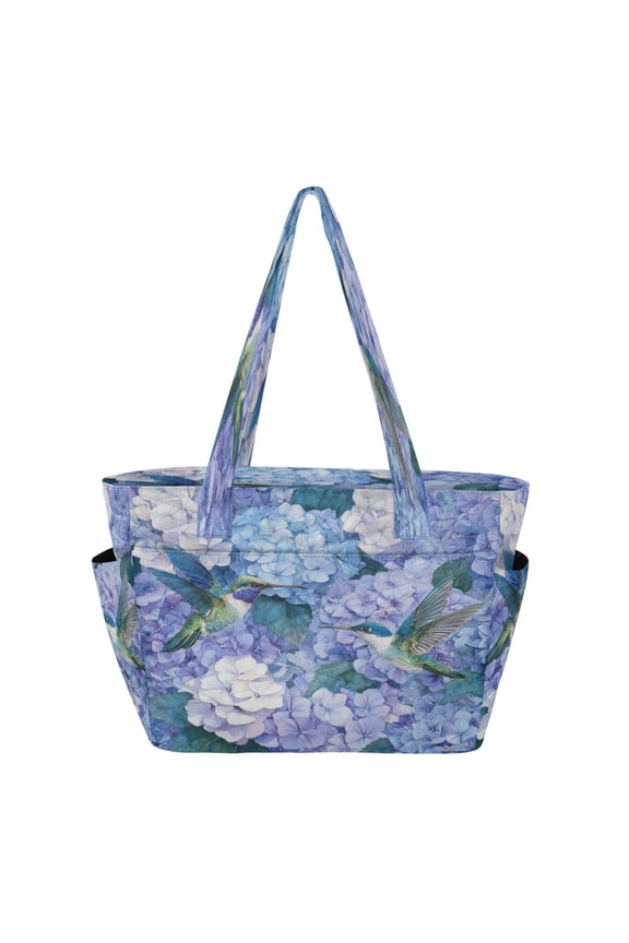 Quilted Tote Bag Large Capacity Multi-Compartment Handbag Lightweight Structured Shoulder Bag Versatile Casual Bag Beautiful Blue Hydrangeas