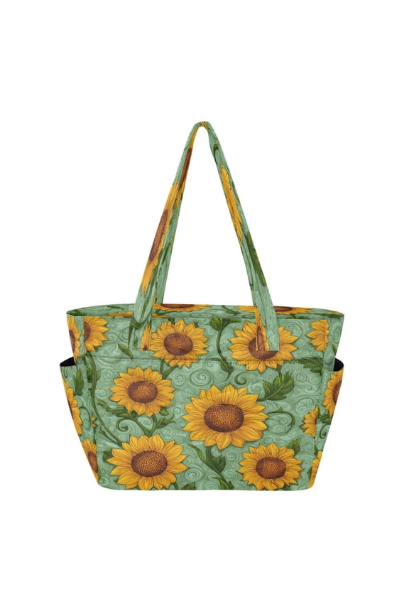 Quilted Tote Bag Large Capacity Multi-Compartment Handbag Lightweight Structured Shoulder Bag Versatile Casual Bag Beautiful Hand-painted Sunflowers