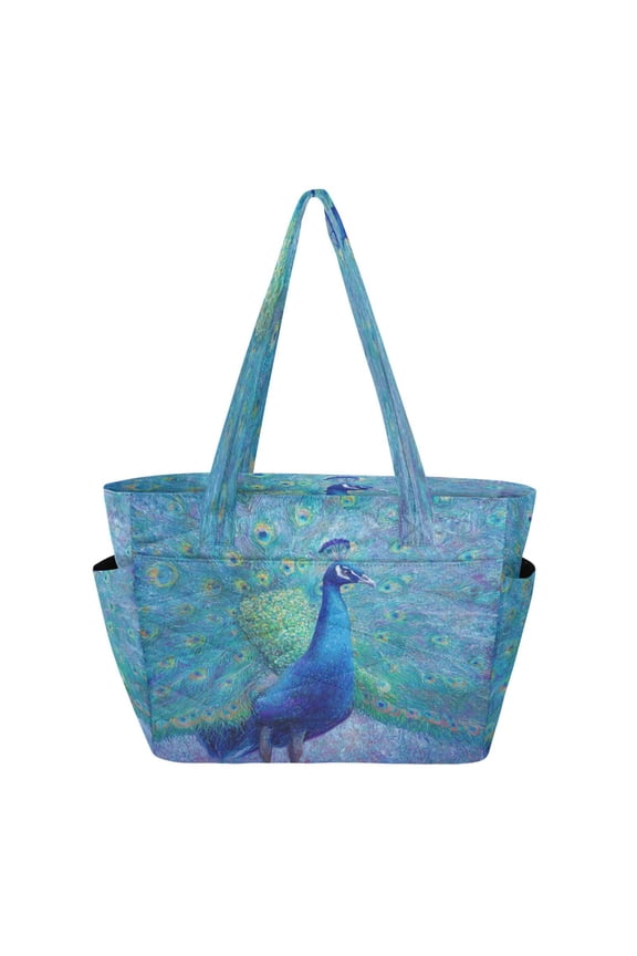 Quilted Tote Bag Large Capacity Multi-Compartment Handbag Lightweight Structured Shoulder Bag Versatile Casual Bag Beautiful Majestic Peacock