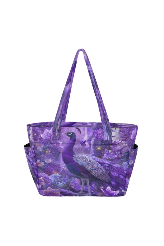 Quilted Tote Bag Large Capacity Multi-Compartment Handbag Lightweight Structured Shoulder Bag Versatile Casual Bag Beautiful Purple Peacock