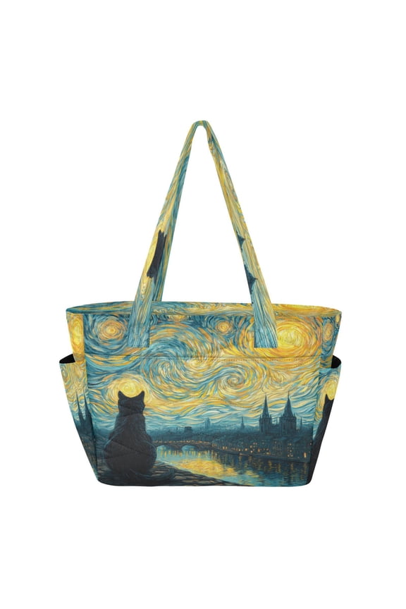 Quilted Tote Bag Large Capacity Multi-Compartment Handbag Lightweight Structured Shoulder Bag Versatile Casual Bag Black Cat under The Moon