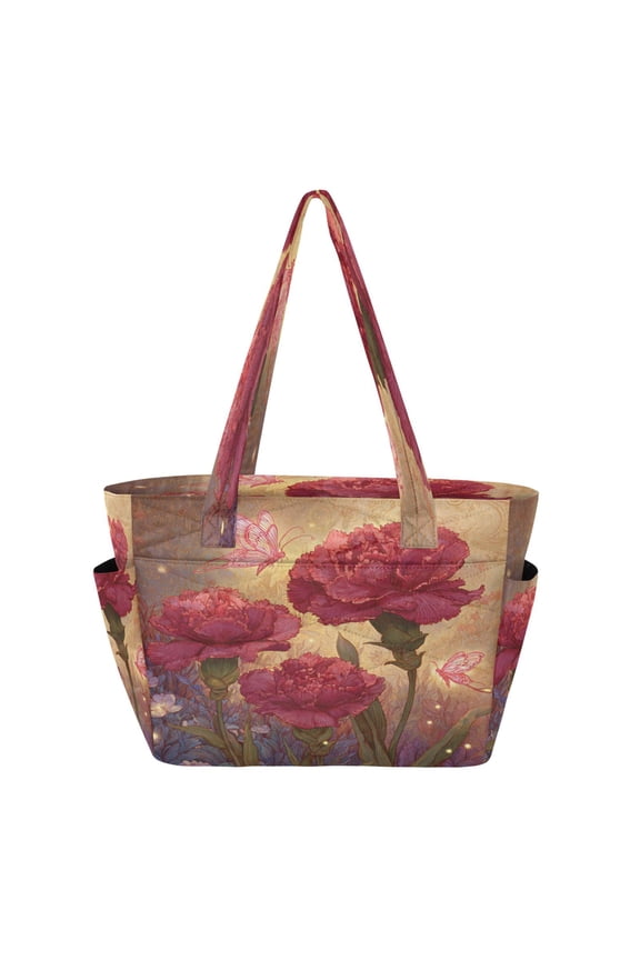 Quilted Tote Bag Large Capacity Multi-Compartment Handbag Lightweight Structured Shoulder Bag Versatile Casual Bag Blooming Red Carnations