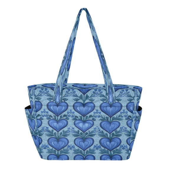 Quilted Tote Bag Large Capacity Multi-Compartment Handbag Lightweight Structured Shoulder Bag Versatile Casual Bag Blue Growing Hearts Pattern