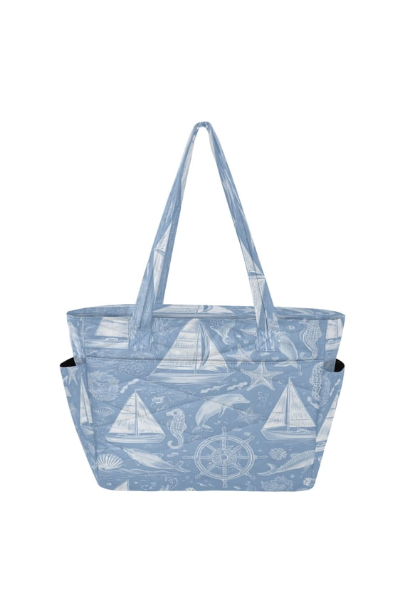 Quilted Tote Bag Large Capacity Multi-Compartment Handbag Lightweight Structured Shoulder Bag Versatile Casual Bag Blue Nautical Style Pattern