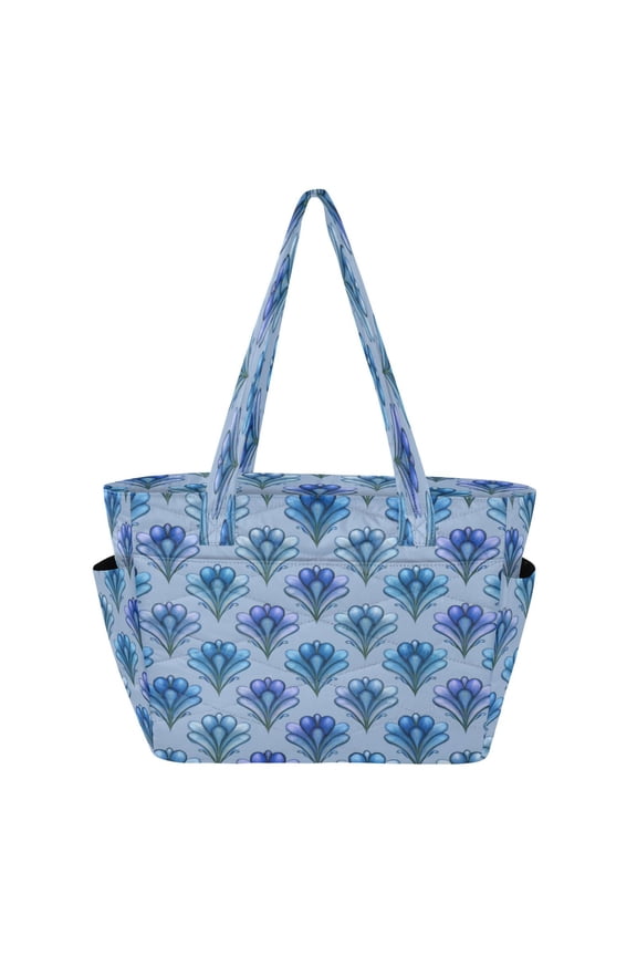 Quilted Tote Bag Large Capacity Multi-Compartment Handbag Lightweight Structured Shoulder Bag Versatile Casual Bag Blue Stamen Pattern