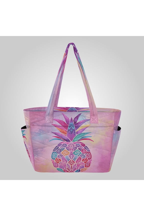 Quilted Tote Bag Large Capacity Multi-Compartment Handbag Lightweight Structured Shoulder Bag Versatile Casual Bag Bohemian Pineapple Design