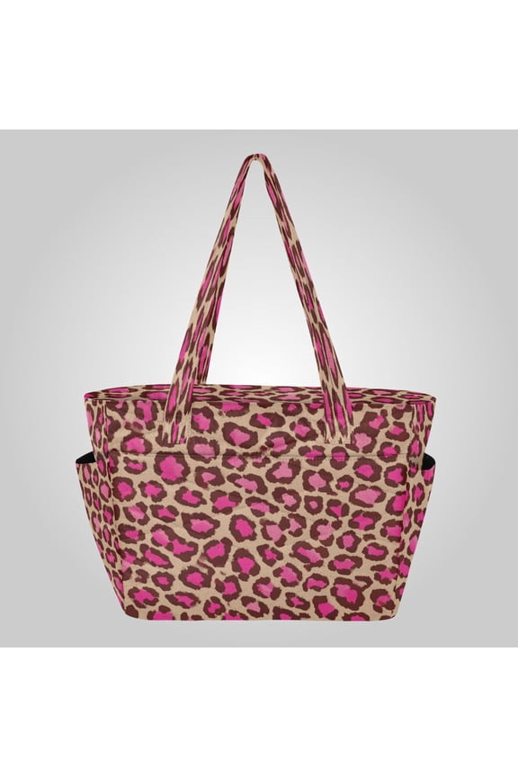 Quilted Tote Bag Large Capacity Multi-Compartment Handbag Lightweight Structured Shoulder Bag Versatile Casual Bag Bold Pink Tan Leopard Pattern