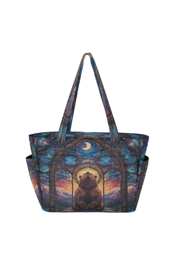 Quilted Tote Bag Large Capacity Multi-Compartment Handbag Lightweight Structured Shoulder Bag Versatile Casual Bag Brown Majestic Bear