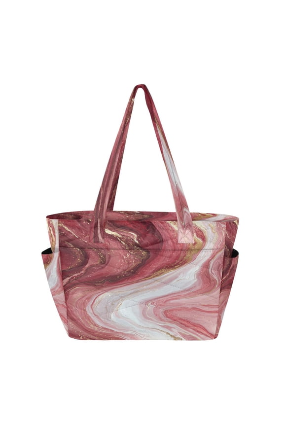 Quilted Tote Bag Large Capacity Multi-Compartment Handbag Lightweight Structured Shoulder Bag Versatile Casual Bag Burgundy Marble Flow