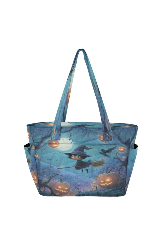 Quilted Tote Bag Large Capacity Multi-Compartment Handbag Lightweight Structured Shoulder Bag Versatile Casual Bag Cartoon Pumpkin-headed Witch