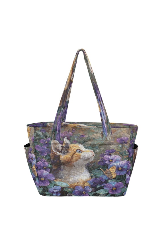 Quilted Tote Bag Large Capacity Multi-Compartment Handbag Lightweight Structured Shoulder Bag Versatile Casual Bag Cat From Violet