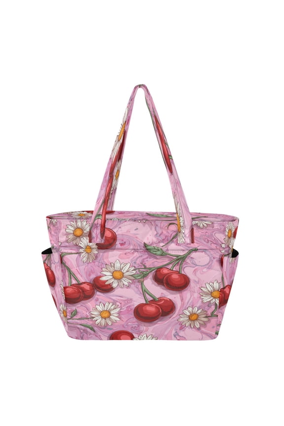 Quilted Tote Bag Large Capacity Multi-Compartment Handbag Lightweight Structured Shoulder Bag Versatile Casual Bag Cherry Fruit