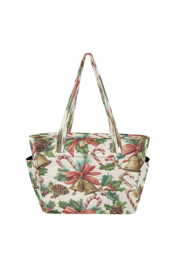 Quilted Tote Bag Large Capacity Multi-Compartment Handbag Lightweight Structured Shoulder Bag Versatile Casual Bag Christmas Bells Pattern