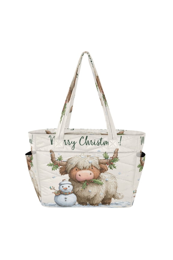 Quilted Tote Bag Large Capacity Multi-Compartment Handbag Lightweight Structured Shoulder Bag Versatile Casual Bag Christmas Highland Cow