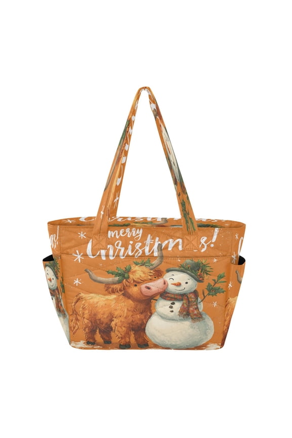 Quilted Tote Bag Large Capacity Multi-Compartment Handbag Lightweight Structured Shoulder Bag Versatile Casual Bag Christmas Snowman and Cute Yak