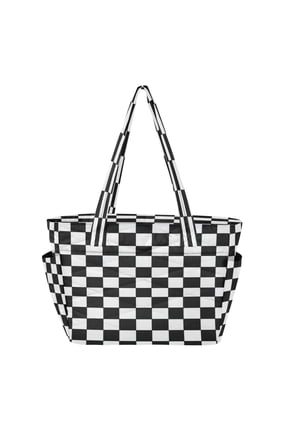 Quilted Tote Bag Large Capacity Multi-Compartment Handbag Lightweight Structured Shoulder Bag Versatile Casual Bag Classic Black-and-white Checkered Pattern
