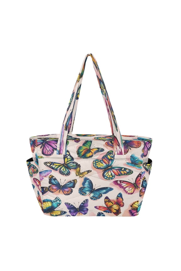 Quilted Tote Bag Large Capacity Multi-Compartment Handbag Lightweight Structured Shoulder Bag Versatile Casual Bag Colorful Beautiful Butterflies