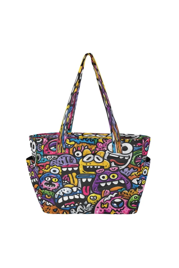 Quilted Tote Bag Large Capacity Multi-Compartment Handbag Lightweight Structured Shoulder Bag Versatile Casual Bag Colorful Cartoon Monsters